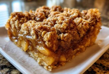 Close-up of a thick, gooey slice from an apple crisp recipe showing caramelized apples and a thick oat crumble topping.