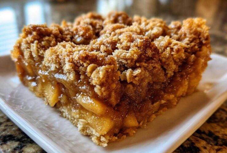Close-up of a thick, gooey slice from an apple crisp recipe showing caramelized apples and a thick oat crumble topping.