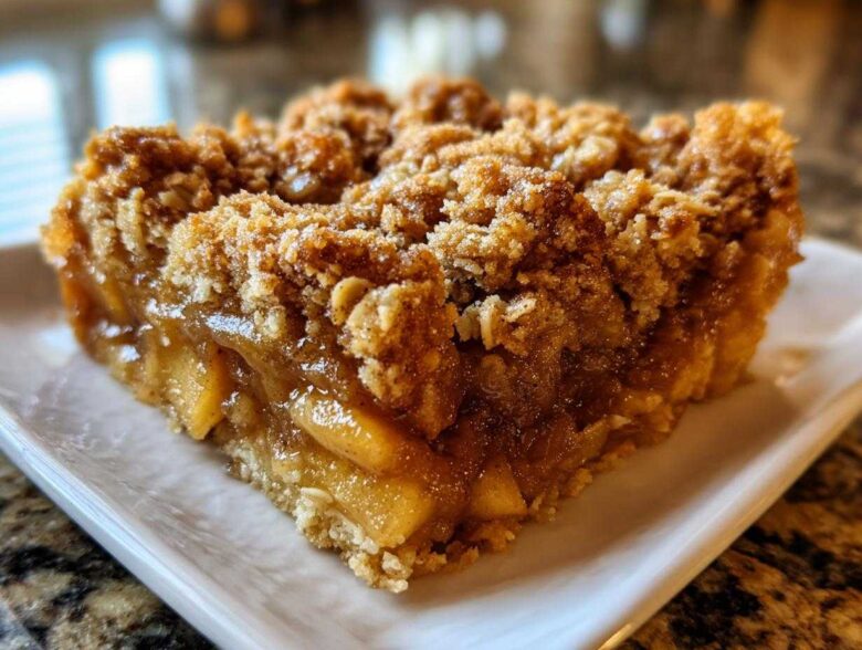 Close-up of a thick, gooey slice from an apple crisp recipe showing caramelized apples and a thick oat crumble topping.