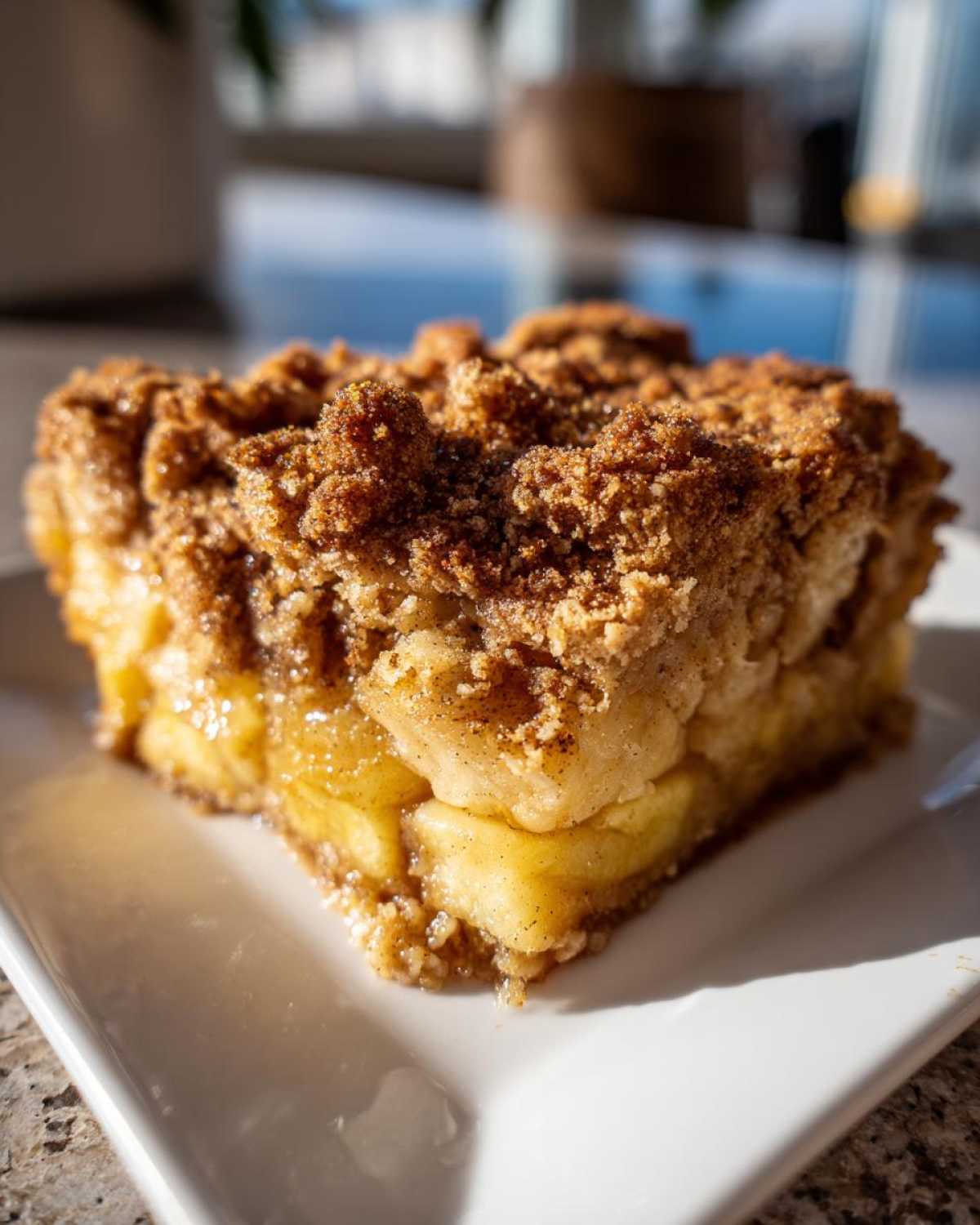 Close-up of a square slice of apple crisp recipe showing tender baked apples and a thick, sugary cinnamon crumb topping.