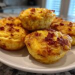 Close-up of several golden brown bacon egg bites stacked on a white plate.