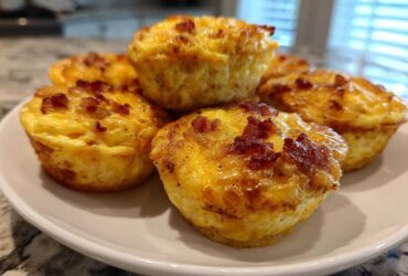Close-up of several golden brown bacon egg bites stacked on a white plate.