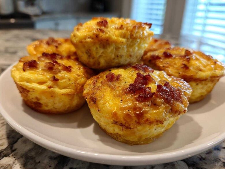 Close-up of several golden brown bacon egg bites stacked on a white plate.