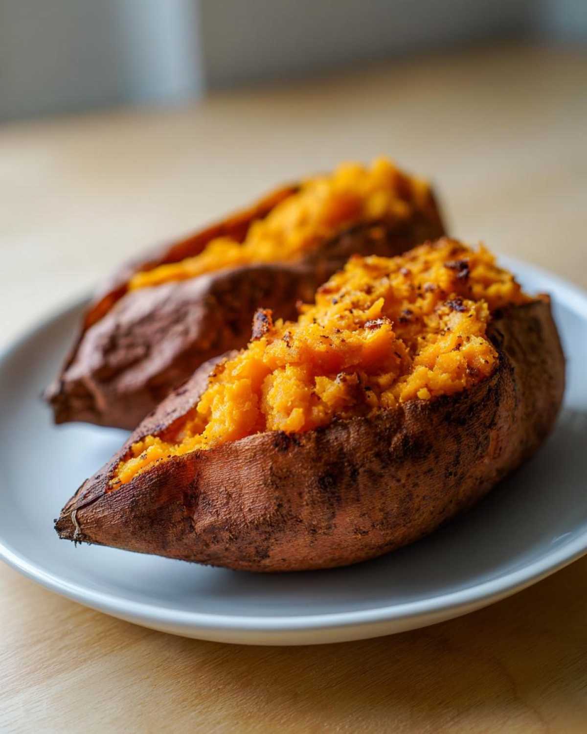 Two halves of perfectly cooked baked sweet potatoes with fluffy orange insides served on a white plate.