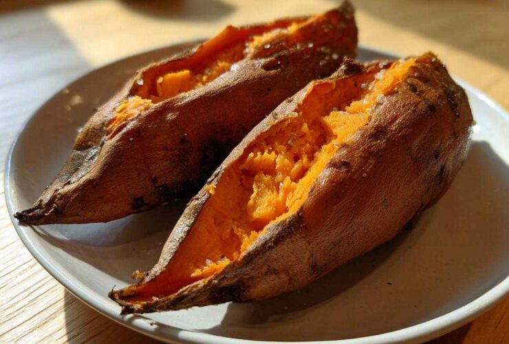Two halves of fluffy baked sweet potatoes, split open and sprinkled with coarse salt, ready to eat.