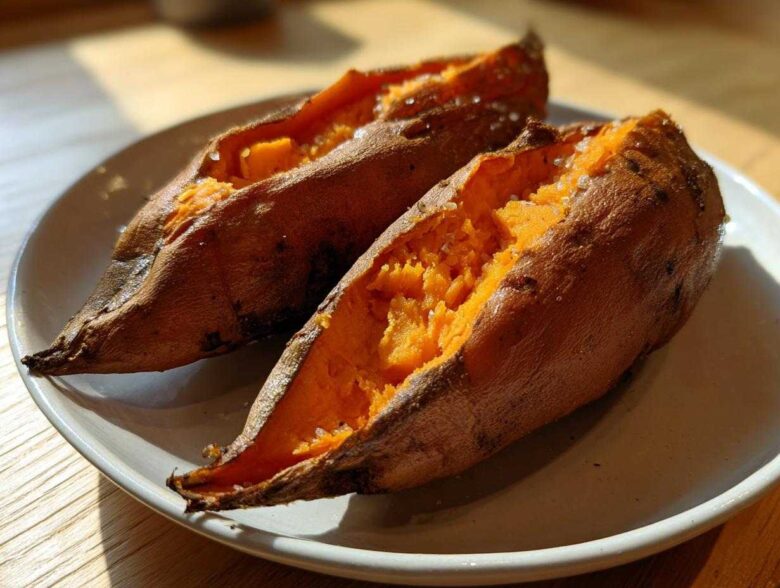 Two halves of fluffy baked sweet potatoes, split open and sprinkled with coarse salt, ready to eat.