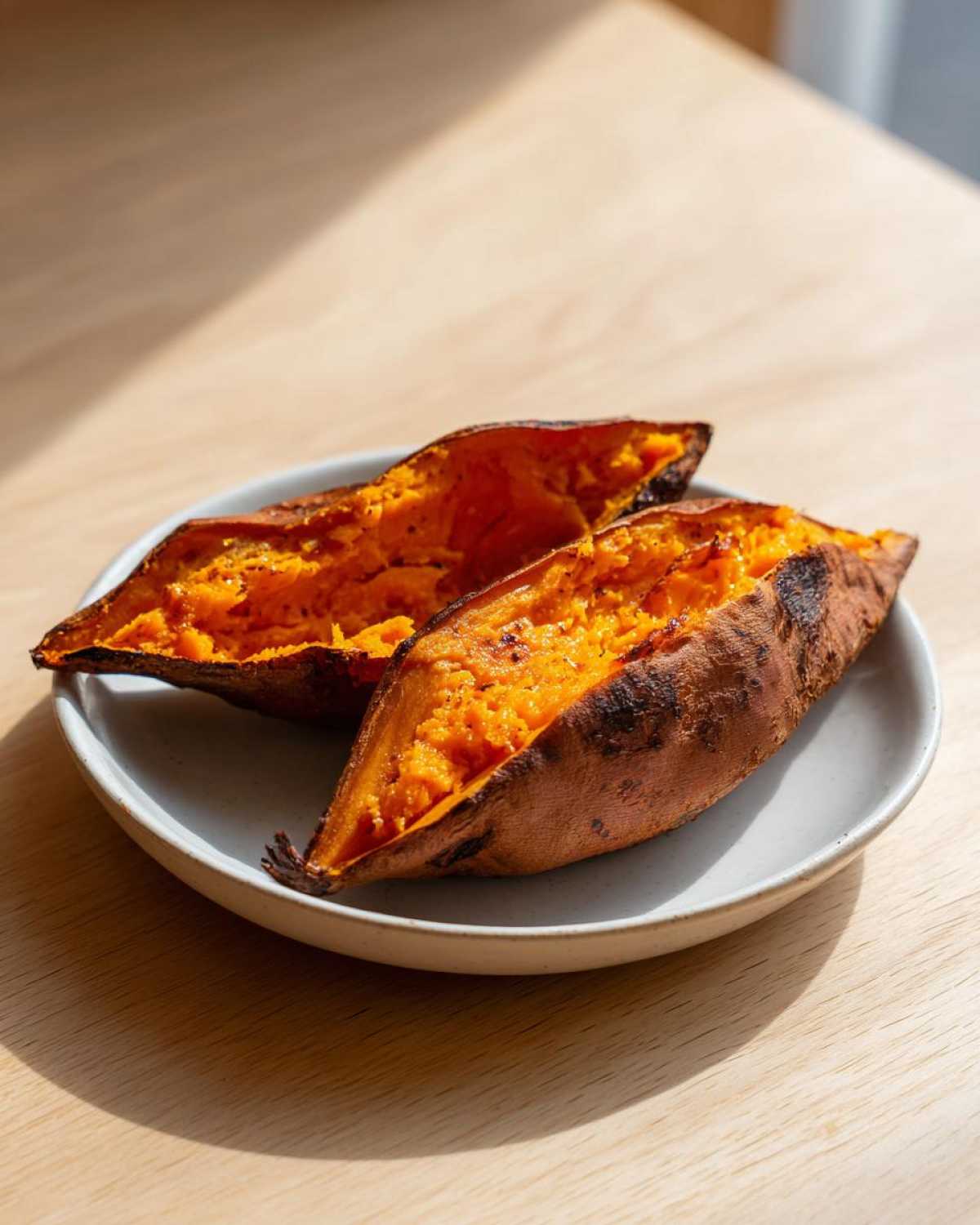 Two halves of perfectly baked sweet potatoes showing fluffy, bright orange flesh on a small plate.