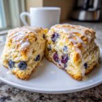 Two thick, bakery-style blueberry scones drizzled with white icing, served on a white plate.