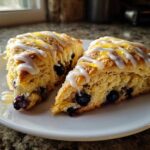 Two triangular blueberry scones, drizzled with white icing and a light honey glaze, resting on a white plate.