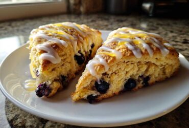 Two triangular blueberry scones, drizzled with white icing and a light honey glaze, resting on a white plate.