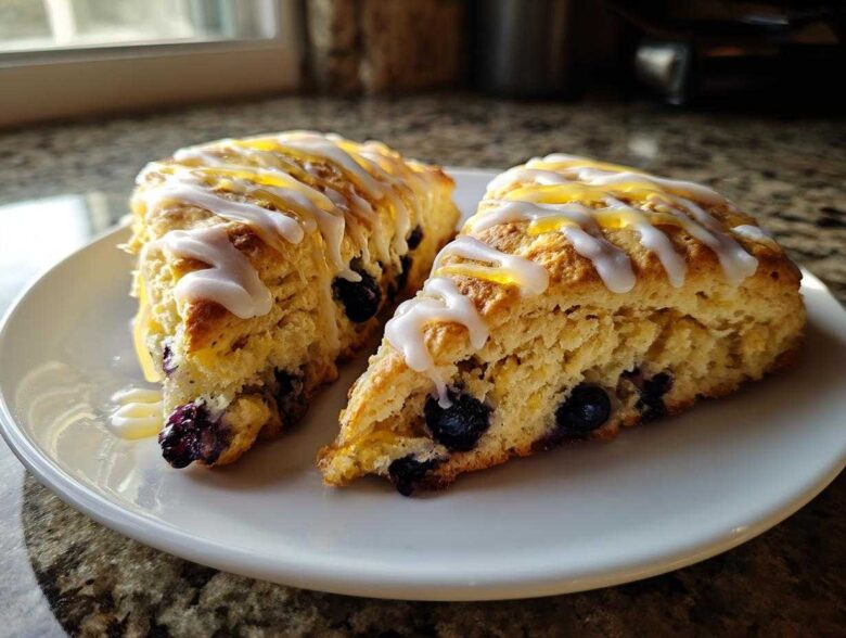 Two triangular blueberry scones, drizzled with white icing and a light honey glaze, resting on a white plate.