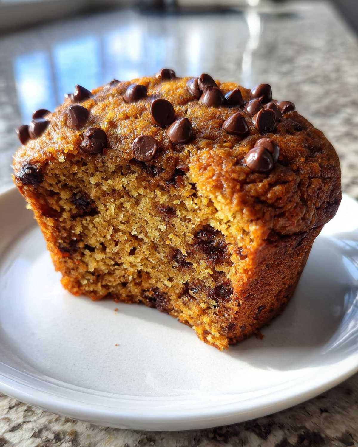 Close-up of a moist banana chocolate chip muffin cut in half, showing chocolate chips inside and on top.