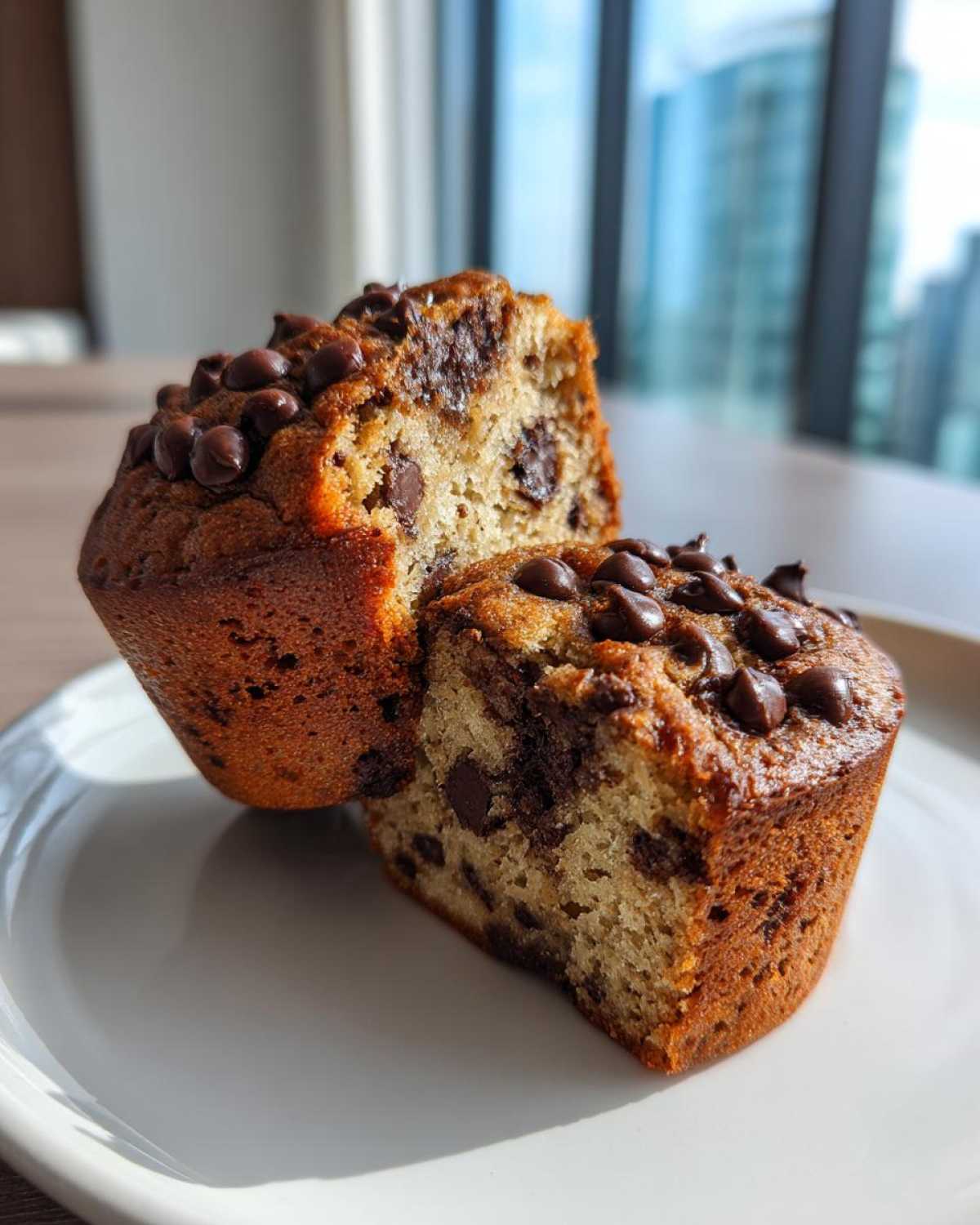 A banana chocolate chip muffin cut in half, showing moist interior and chocolate chips, topped with more chocolate chips.