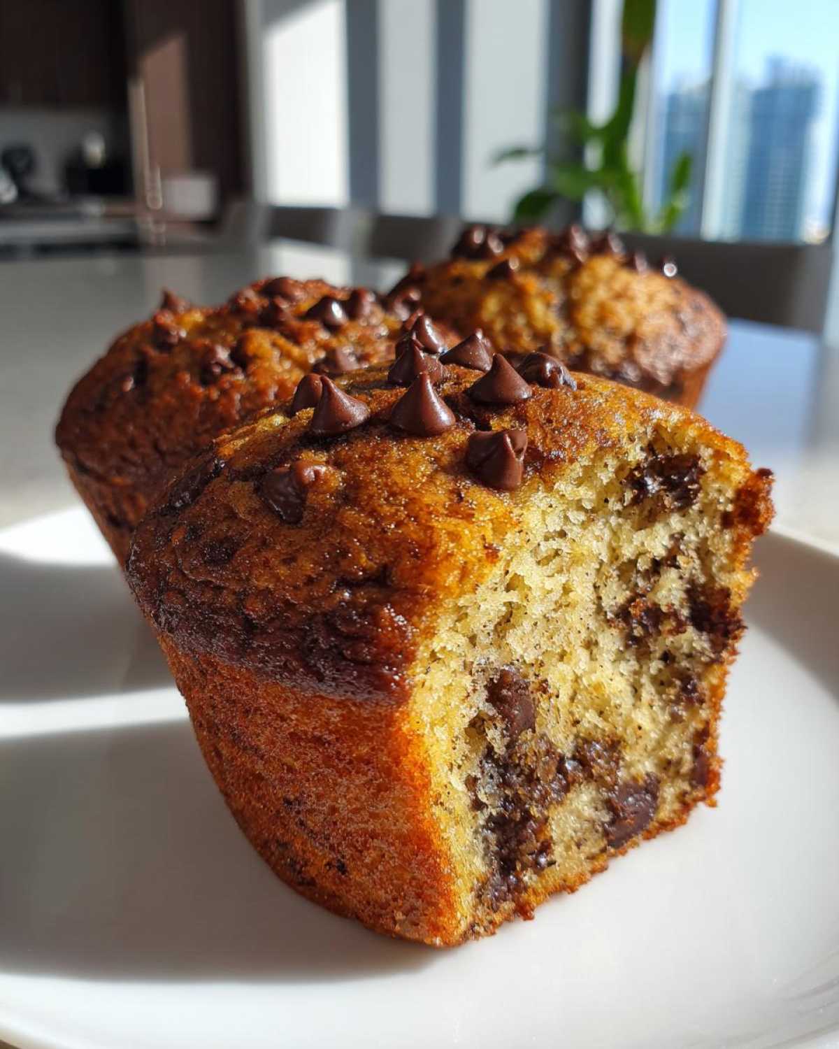 A close-up view of a halved banana chocolate chip muffin showing moist interior and melted chocolate chips.