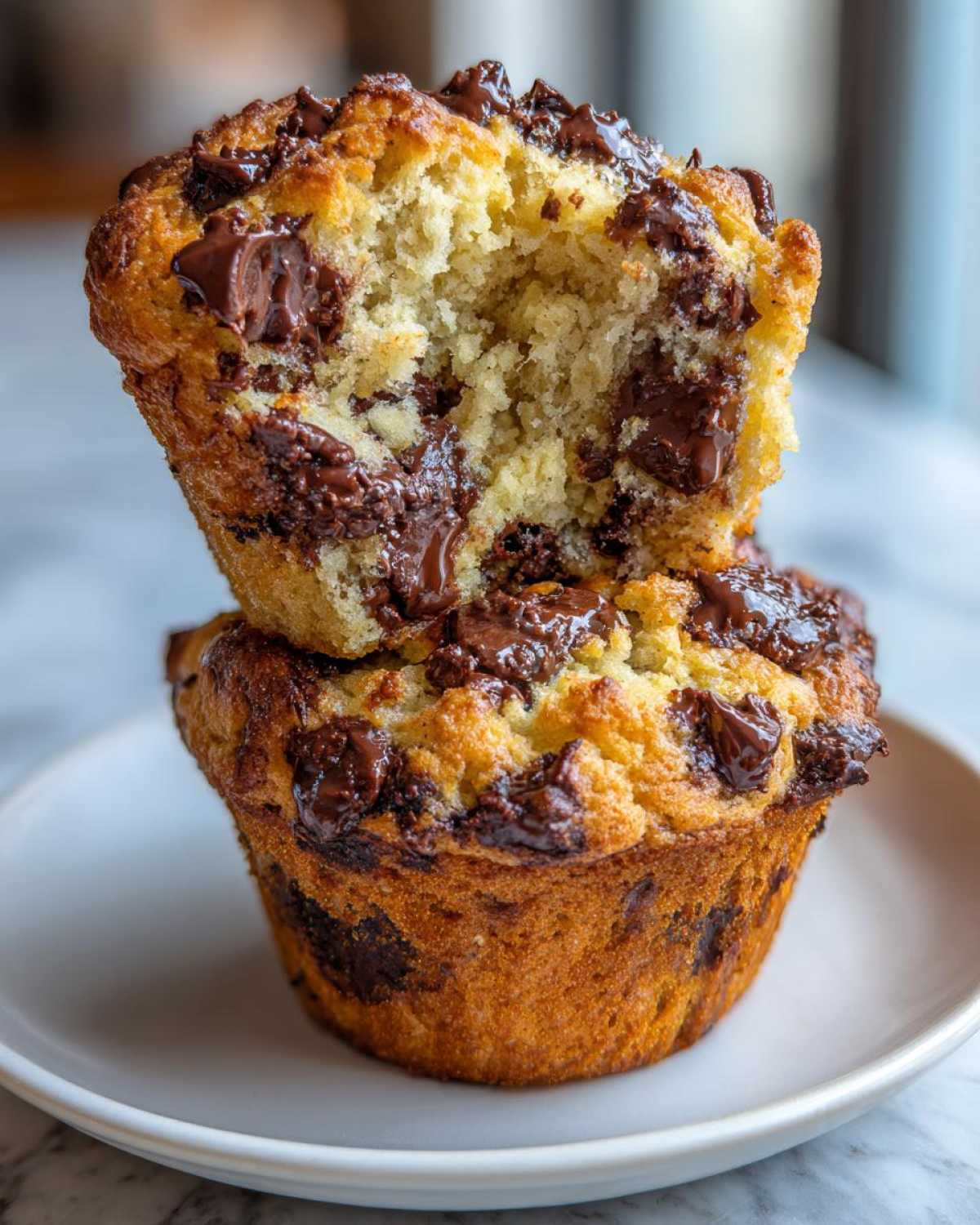 Two perfectly baked banana chocolate chip muffins stacked, with the top one broken open showing gooey melted chocolate chips inside.