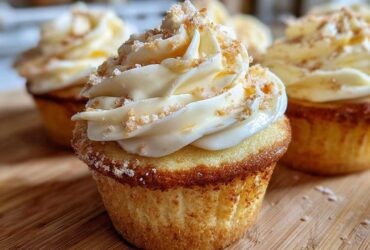 A close-up of a delicious banana pudding cupcake topped with creamy frosting and brown sugar crumbs.