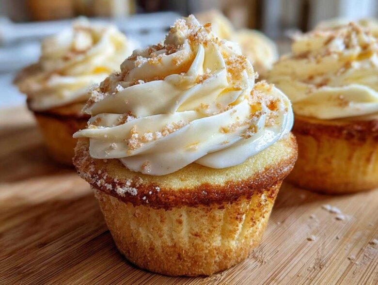 A close-up of a delicious banana pudding cupcake topped with creamy frosting and brown sugar crumbs.