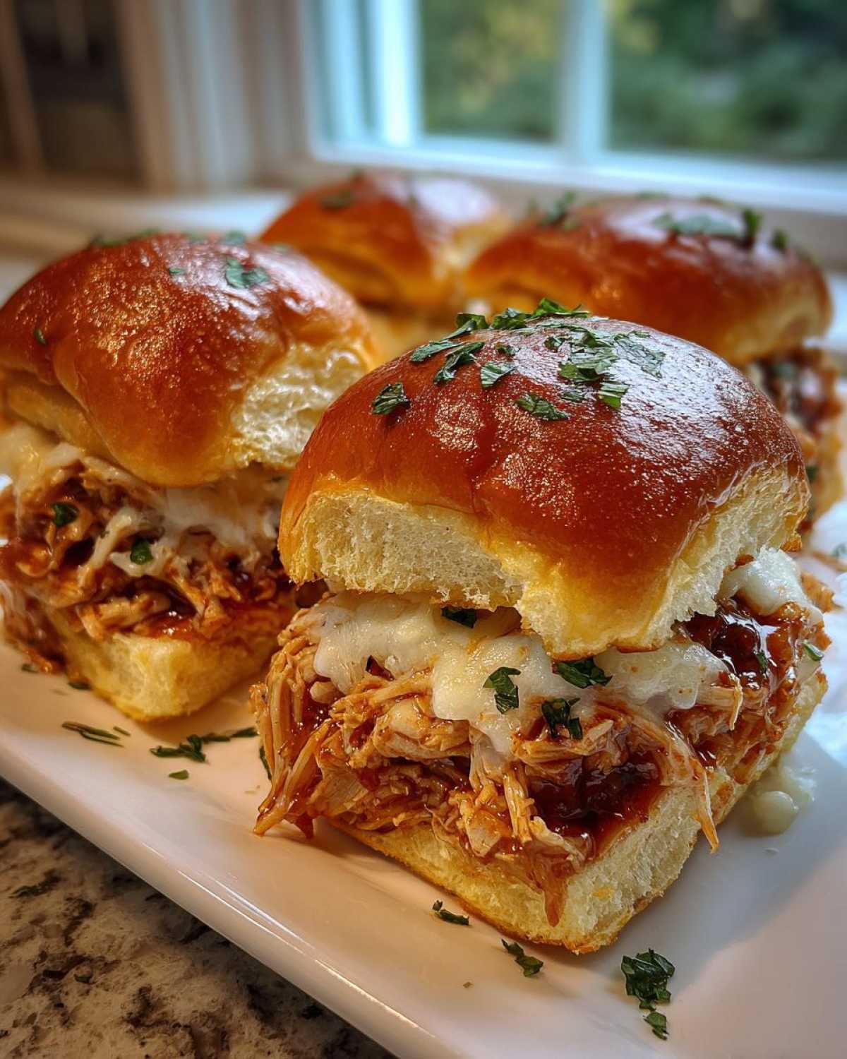 Close-up of delicious bbq chicken sliders with melted white cheese and parsley garnish on a white platter.