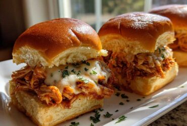 Close-up of two irresistible bbq chicken sliders topped with melted white cheese and parsley.