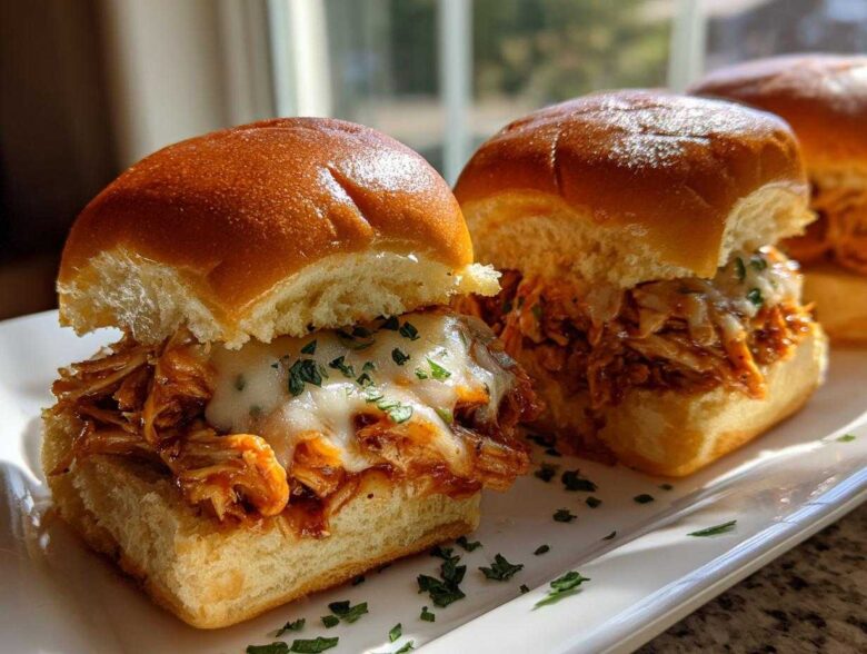 Close-up of two irresistible bbq chicken sliders topped with melted white cheese and parsley.