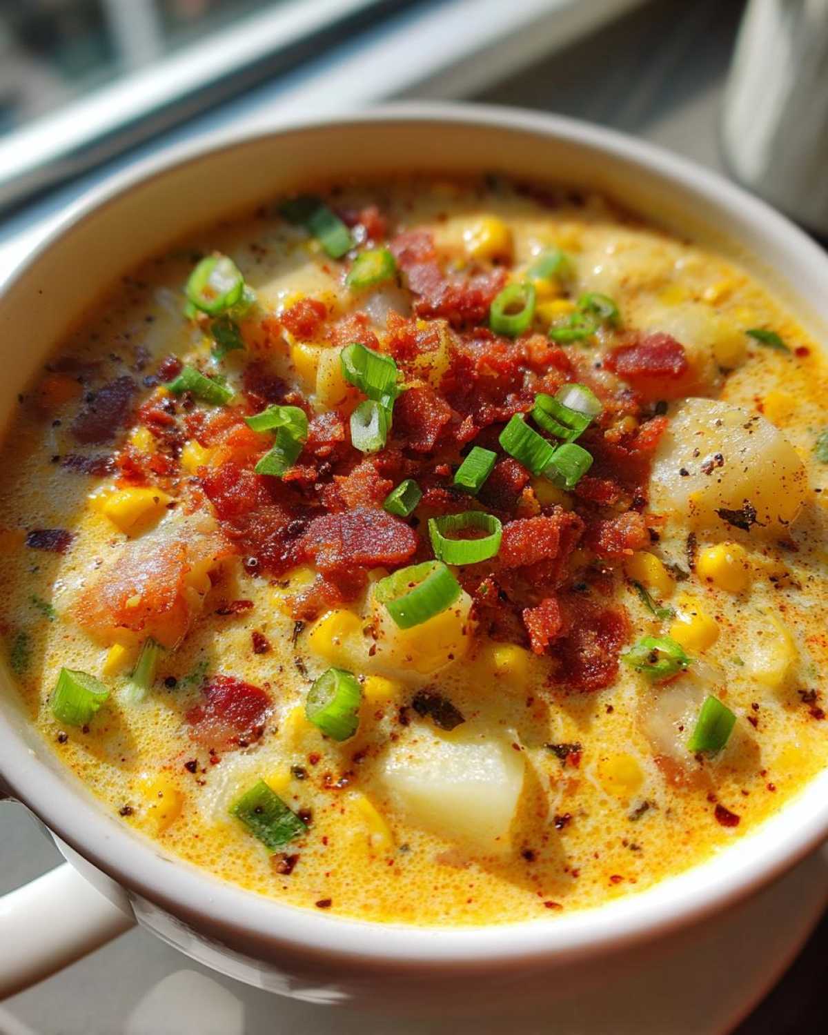 Close-up of a bowl of creamy chicken corn chowder topped generously with crumbled bacon and fresh green onions.