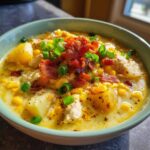 Close-up of a creamy bowl of chicken corn chowder, loaded with corn, potatoes, chicken, and topped with bacon bits and green onions.