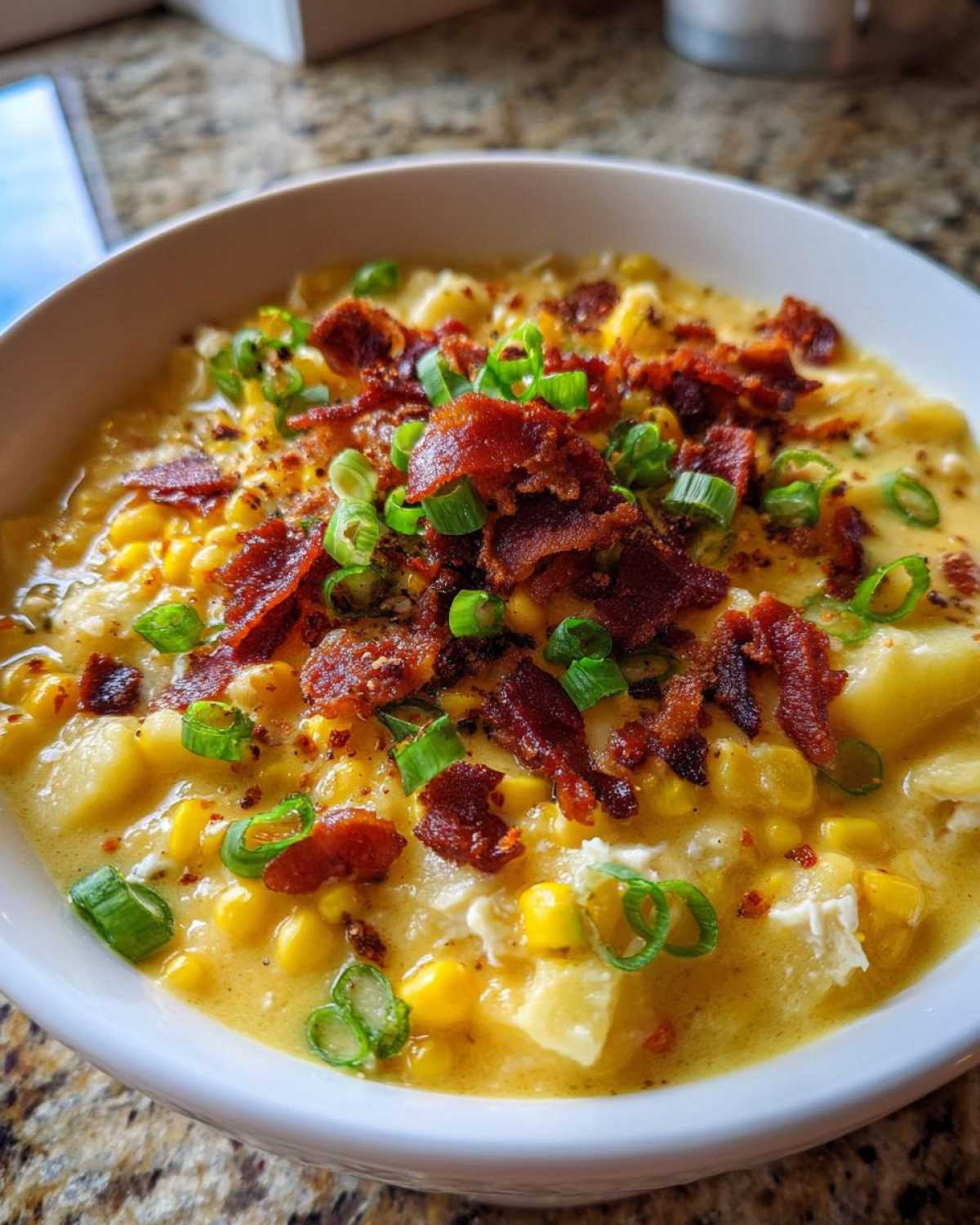 A close-up of creamy chicken corn chowder topped generously with crispy bacon bits and sliced green onions.