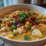 Close-up of a hearty bowl of chicken corn chowder, loaded with corn, chicken, and topped with crispy bacon bits and green onions.
