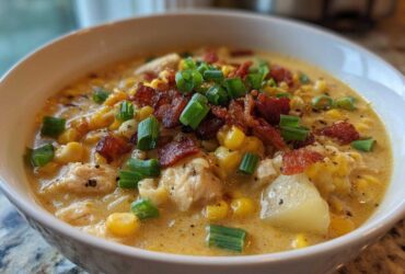 Close-up of a hearty bowl of chicken corn chowder, loaded with corn, chicken, and topped with crispy bacon bits and green onions.