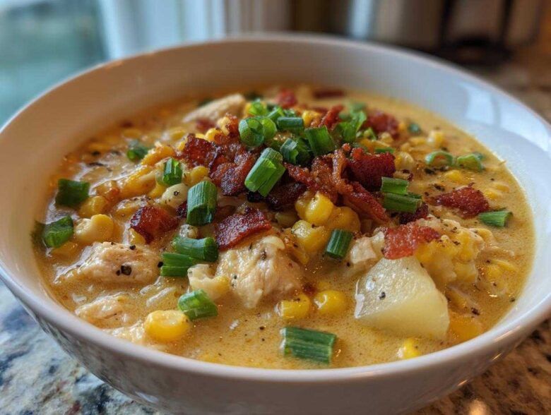 Close-up of a hearty bowl of chicken corn chowder, loaded with corn, chicken, and topped with crispy bacon bits and green onions.
