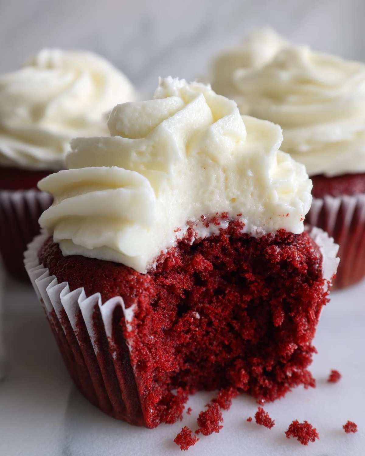 Close-up of a red velvet cupcakes with a bite taken out, showing the moist red cake and thick cream cheese frosting.