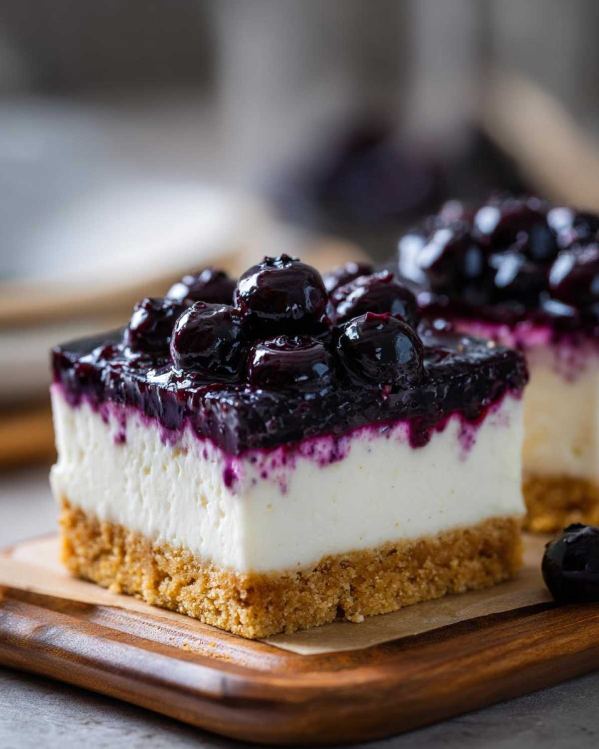 Close-up of a square slice of creamy blueberry cheesecake on a wooden board.