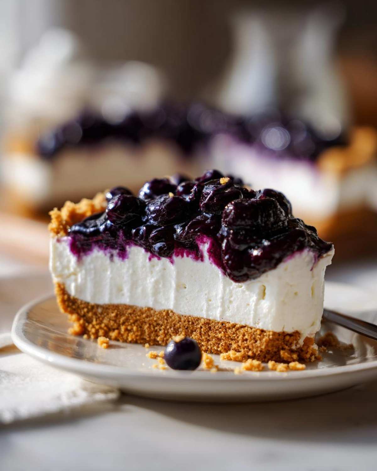 A close-up of a slice of blueberry cheesecake showing a thick graham cracker crust and creamy filling topped with rich blueberry sauce.