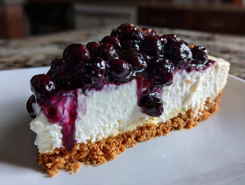 A close-up of a thick slice of creamy blueberry cheesecake with a graham cracker crust and rich blueberry topping.
