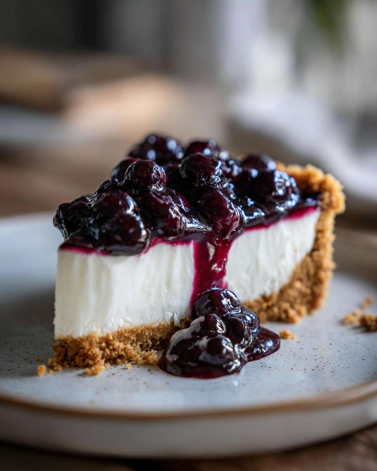 A decadent slice of creamy blueberry cheesecake with a thick graham cracker crust and rich blueberry topping.