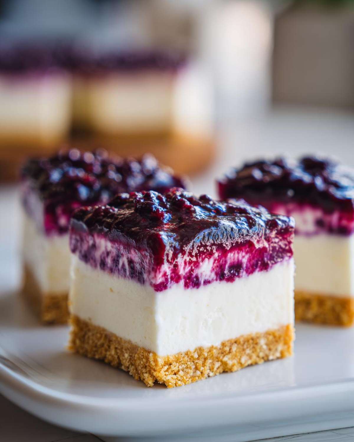 Close-up of a square slice of blueberry cheesecake with a graham cracker crust and thick berry topping.