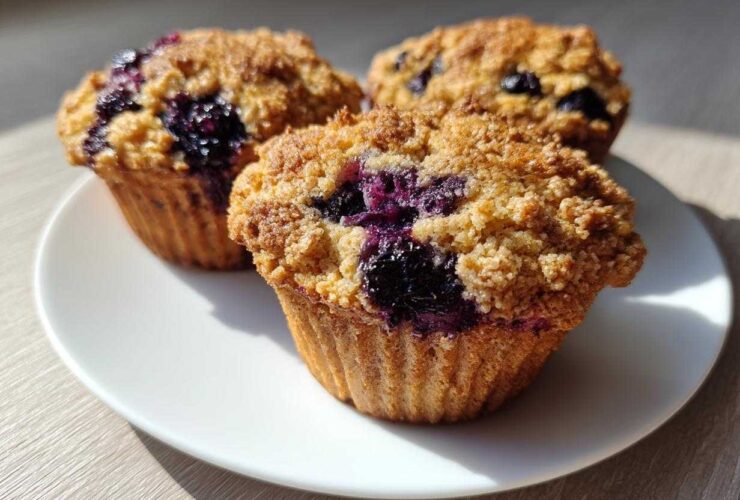 Three golden blueberry oatmeal muffins with a crunchy streusel topping sitting on a white plate.