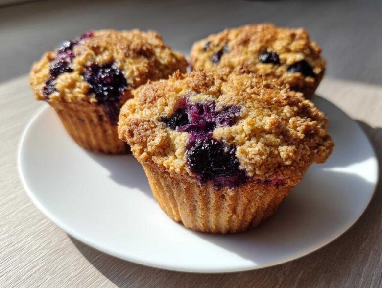 Three golden blueberry oatmeal muffins with a crunchy streusel topping sitting on a white plate.