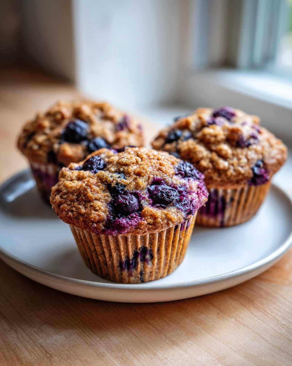 Three freshly baked blueberry oatmeal muffins with crumb topping sitting on a white plate.