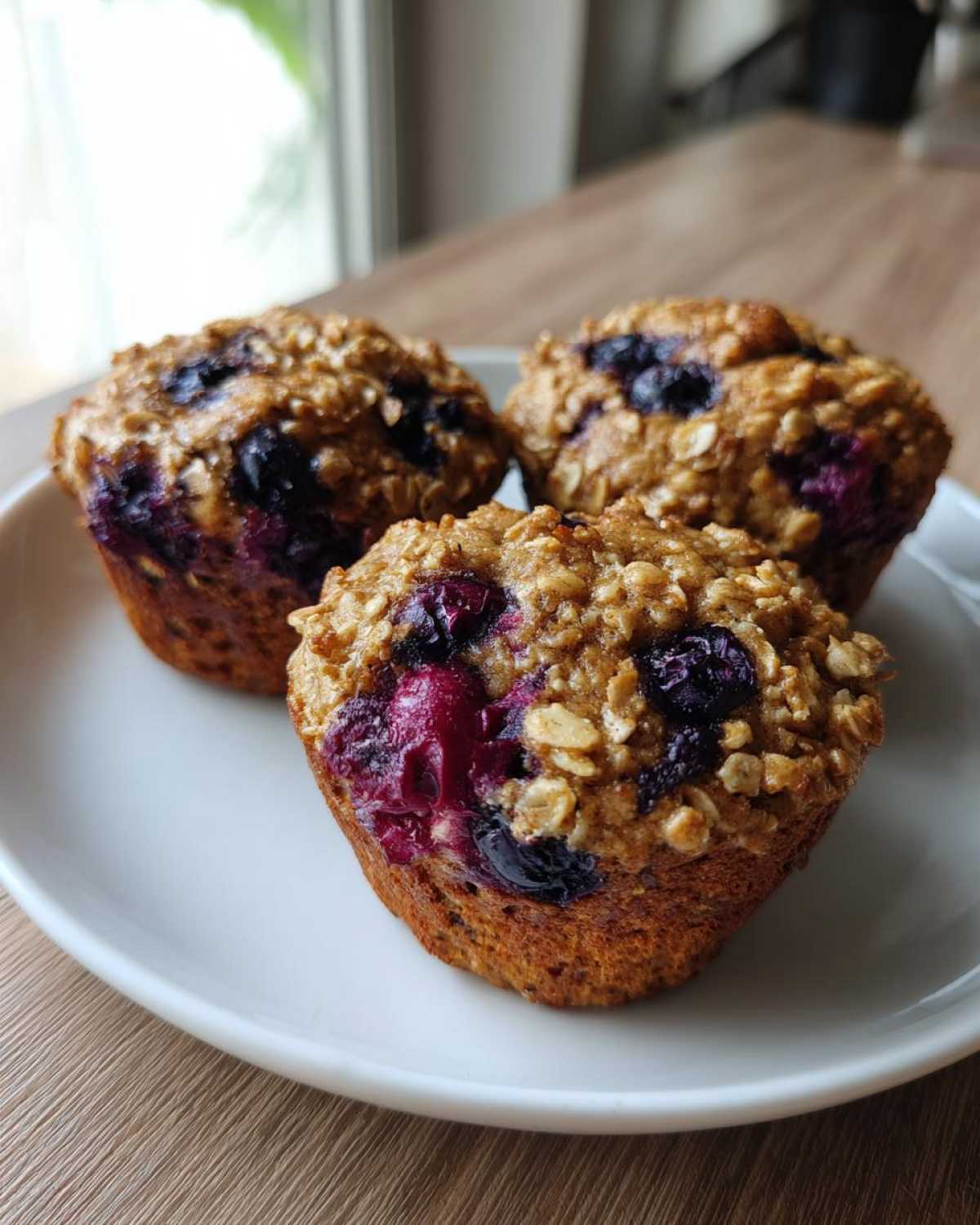 Three freshly baked blueberry oatmeal muffins with visible oat topping resting on a white plate.