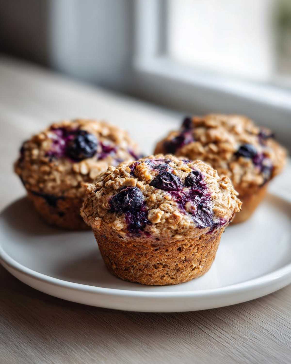 Three freshly baked blueberry oatmeal muffins with a crumbly oat topping resting on a white plate.