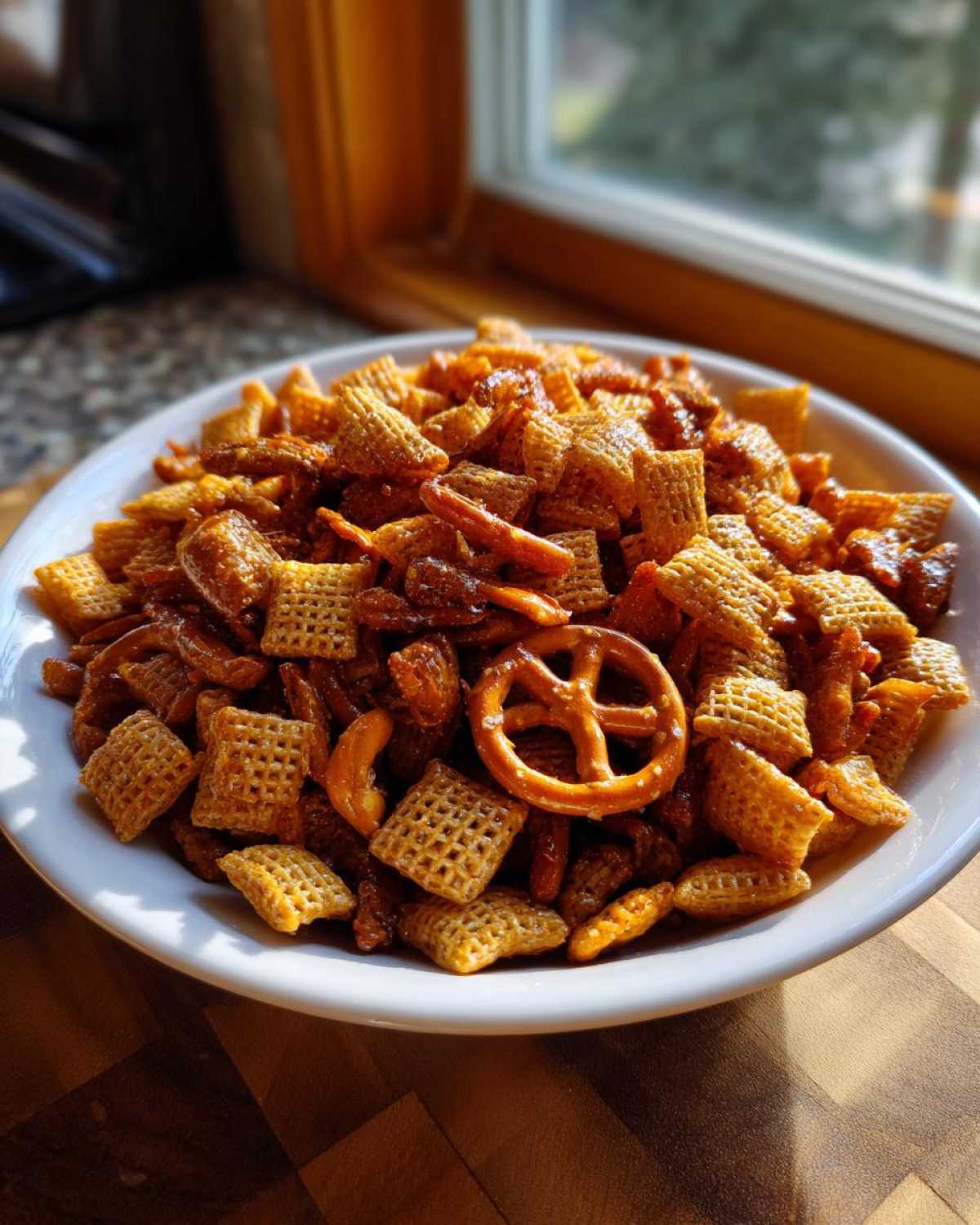 A white bowl filled with shiny, glazed chex party mix, including square cereal pieces, pretzels, and nuts.