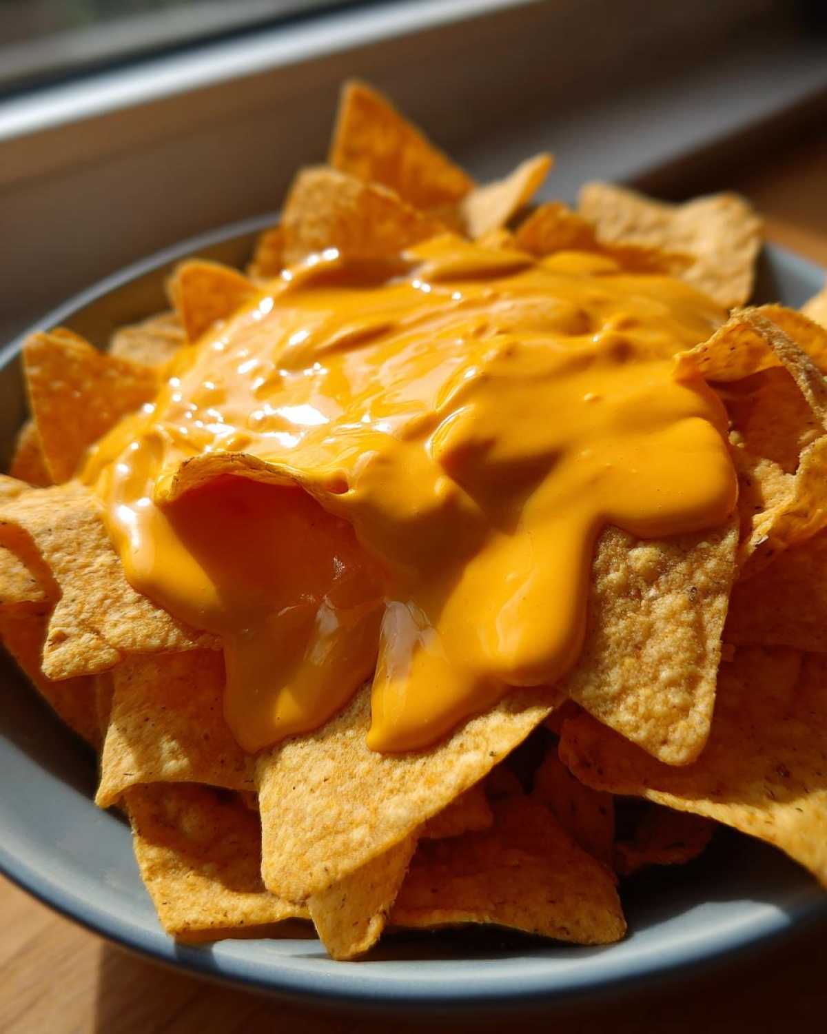 Close-up of a bowl overflowing with tortilla chips generously topped with bright orange nacho cheese sauce.