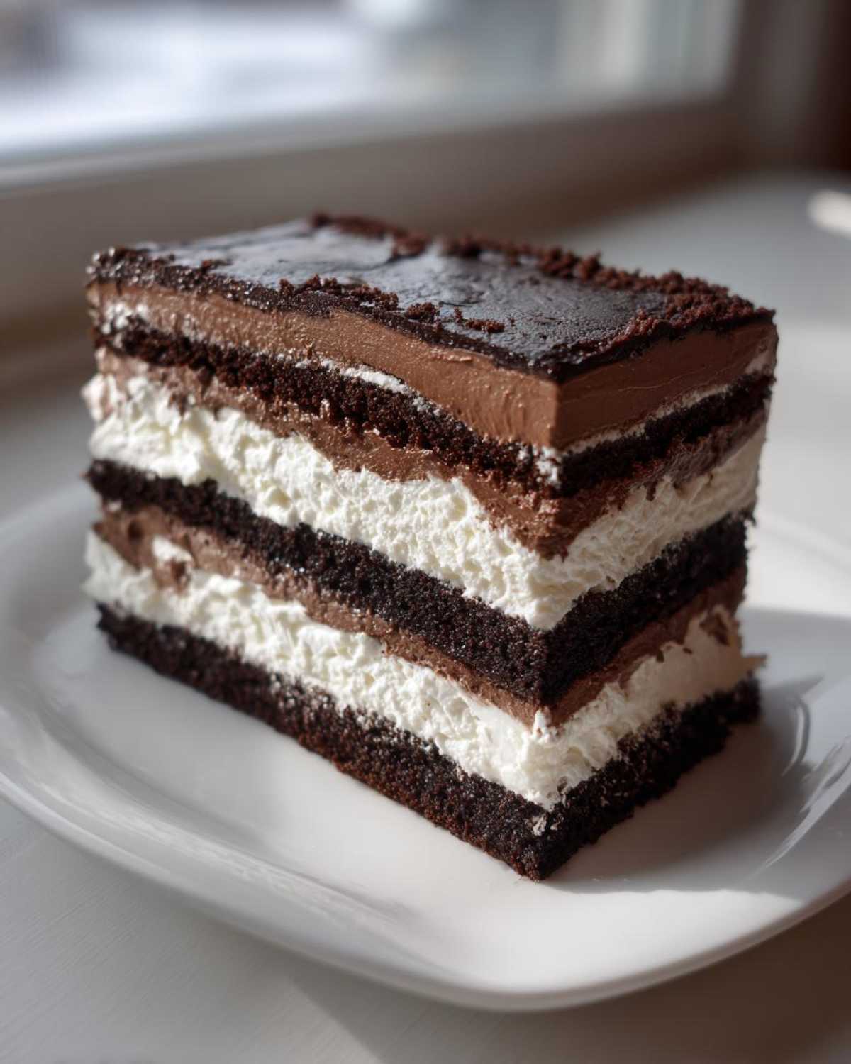 Close-up of a rich slice of brownie refrigerator cake showing three dark layers alternating with white cream filling.