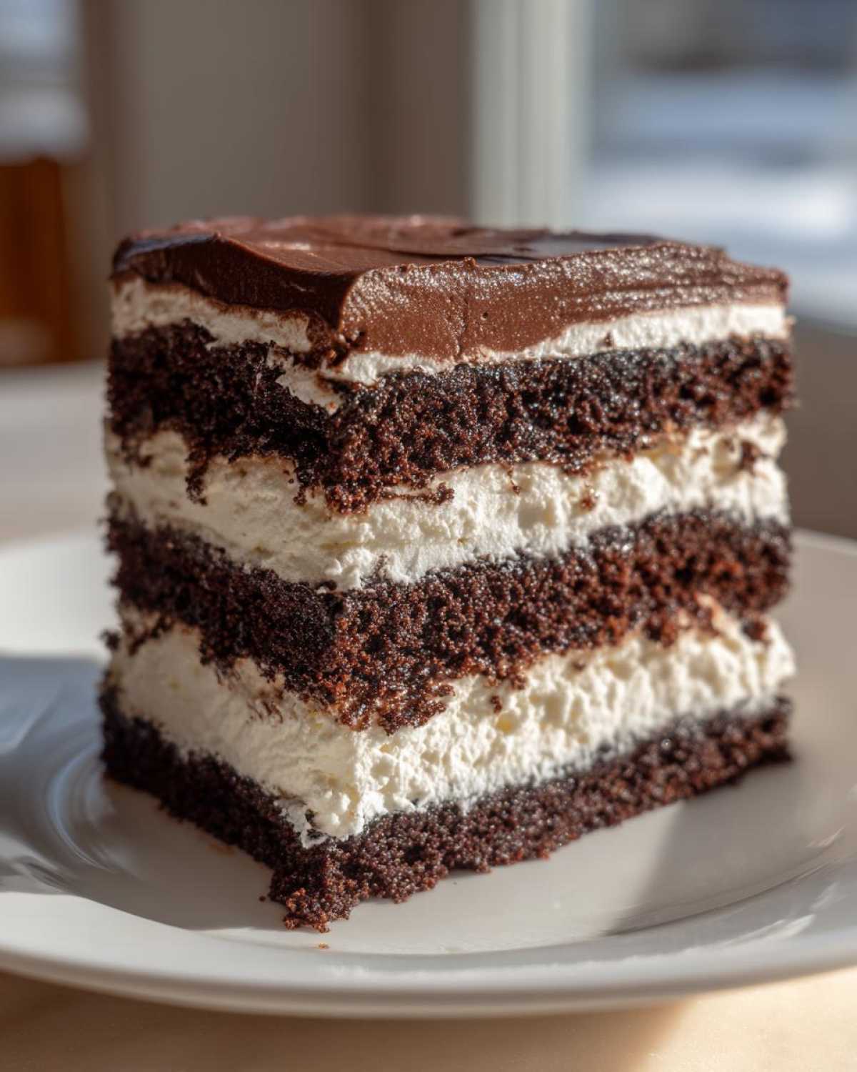 Close-up of a rich slice of brownie refrigerator cake showing three dark chocolate layers alternating with thick white cream filling.