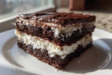 A rich slice of brownie refrigerator cake showing three dark chocolate layers separated by white cream filling.