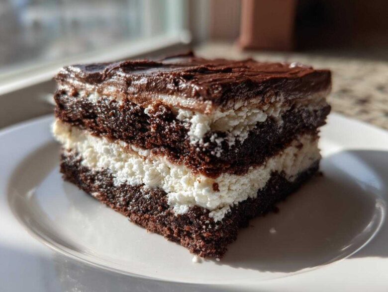 A rich slice of brownie refrigerator cake showing three dark chocolate layers separated by white cream filling.