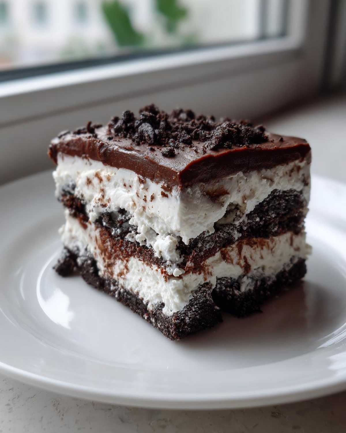A decadent slice of brownie refrigerator cake showing three dark chocolate layers separated by thick white cream filling.