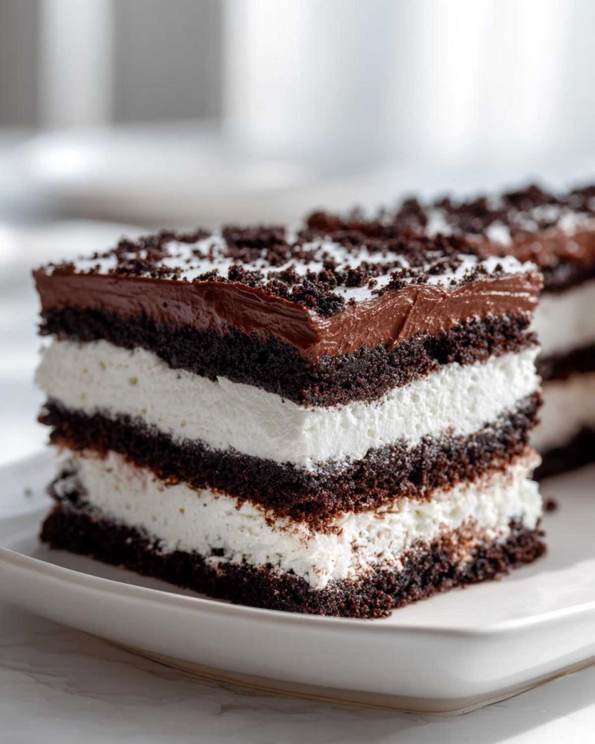 Close-up of a rich brownie refrigerator cake slice showing three dark cake layers and two white cream layers.