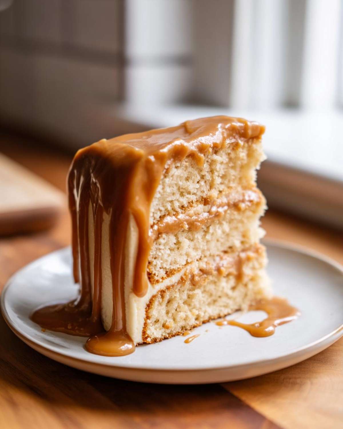 A tall slice of moist, three-layer caramel cake generously topped with dripping caramel sauce.